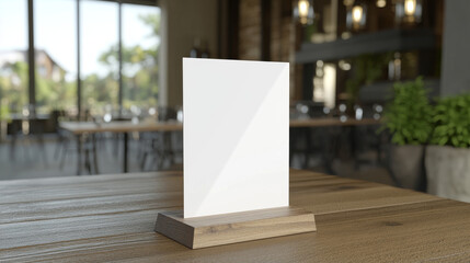 3d menu paper card stand holder for table mockup isolated. Blank a5 frame display branding design for dinner label in restaurant or cafe set. Empty vertical business promotion on wooden podium object