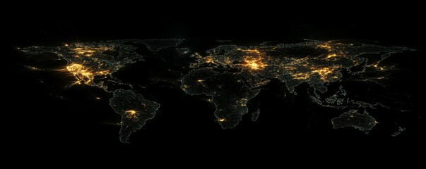 Poster - A black background with glowing cyber data points on a digital world map. AIG35.