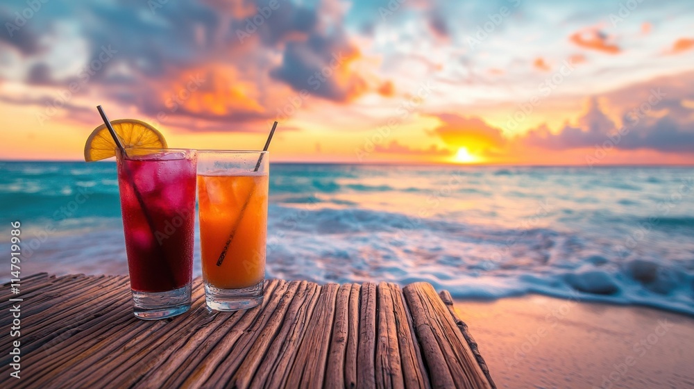 Colorful cocktails on a tropical beach during sunset with waves gently ...