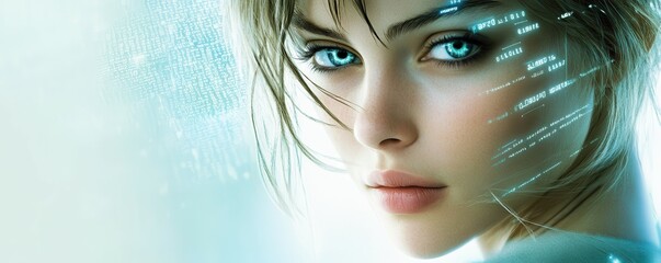 Poster - A close-up of a young woman with a digital interface overlay with binary codes and technology imagery on a cool gradient background blending human and futuristic themes