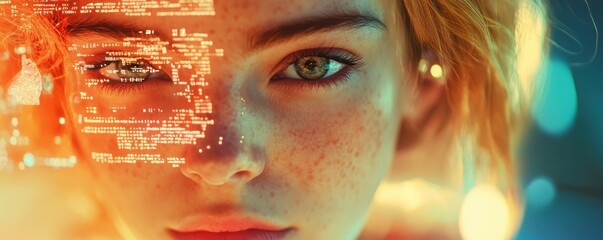 Poster - A close-up of a young woman with a digital interface overlay with binary codes and technology imagery on a cool gradient background blending human and futuristic themes