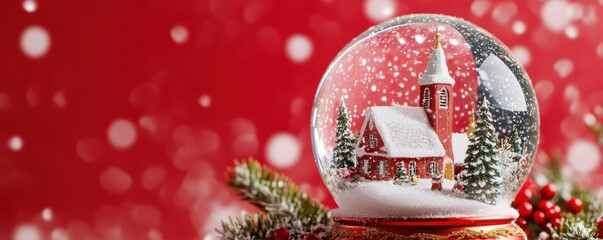 Canvas Print - Christmas snow globe is standing on a red background, showing a snowy village with a church and santa claus