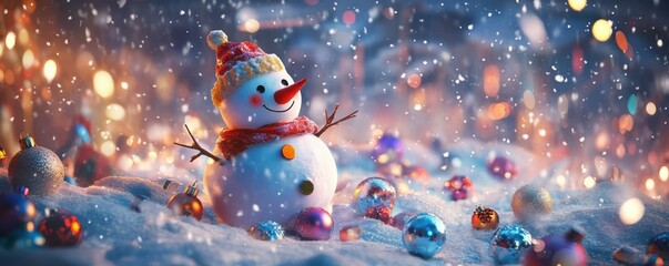 Wall Mural - Christmas snowman surrounded by colorful ornaments in a snowy landscape with falling snowflakes, festive atmosphere, holiday spirit emphasized by blurred city lights