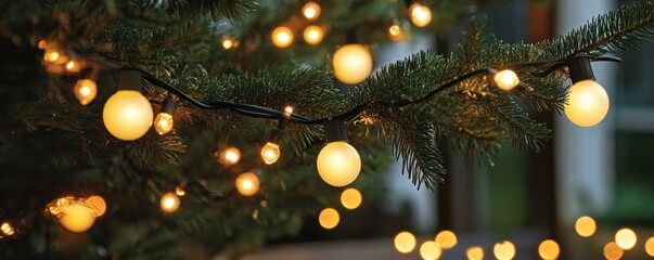 Canvas Print - Christmas tree branches adorned with warm glowing lights, creating a cozy and festive atmosphere during the holiday season, set against a blurred