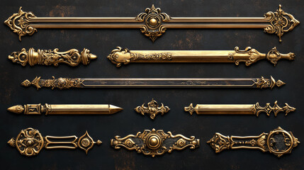 Poster - Game ui frames, gold medieval menu elements, buttons or banners with golden ornate rims. Empty royal gui bars for rpg or arcade, glossy borders, web design interface Cartoon 2d vector illustration