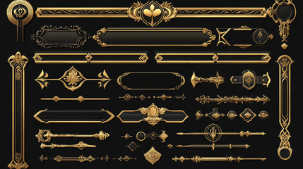 Poster - Game ui frames, gold medieval menu elements, buttons or banners with golden ornate rims. Empty royal gui bars for rpg or arcade, glossy borders, web design interface Cartoon 2d vector illustration
