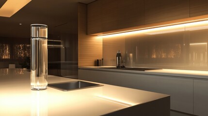 Fototapete - Modern kitchen design featuring a sleek water filter and ambient lighting for a contemporary atmosphere. Generative AI
