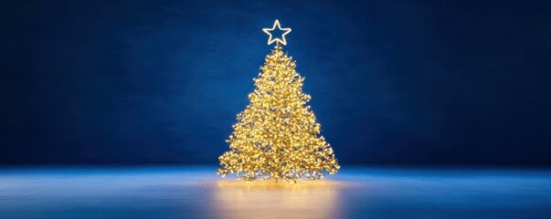 Wall Mural - Christmas tree glowing with lights and star against a blue bokeh background, festive holiday atmosphere, warm golden colors, perfect for seasonal celebrations and decoration ideas