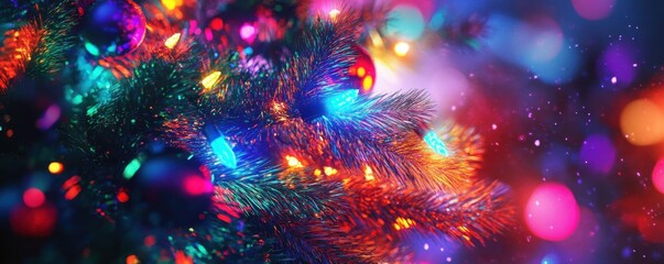 Poster - Christmas tree, neon lights, abstract background, holiday celebration with digital effects, vibrant colors, futuristic concept of Christmas and technology
