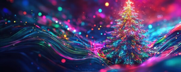Poster - Christmas tree, neon lights, abstract background, holiday celebration with digital effects, vibrant colors, futuristic concept of Christmas and technology