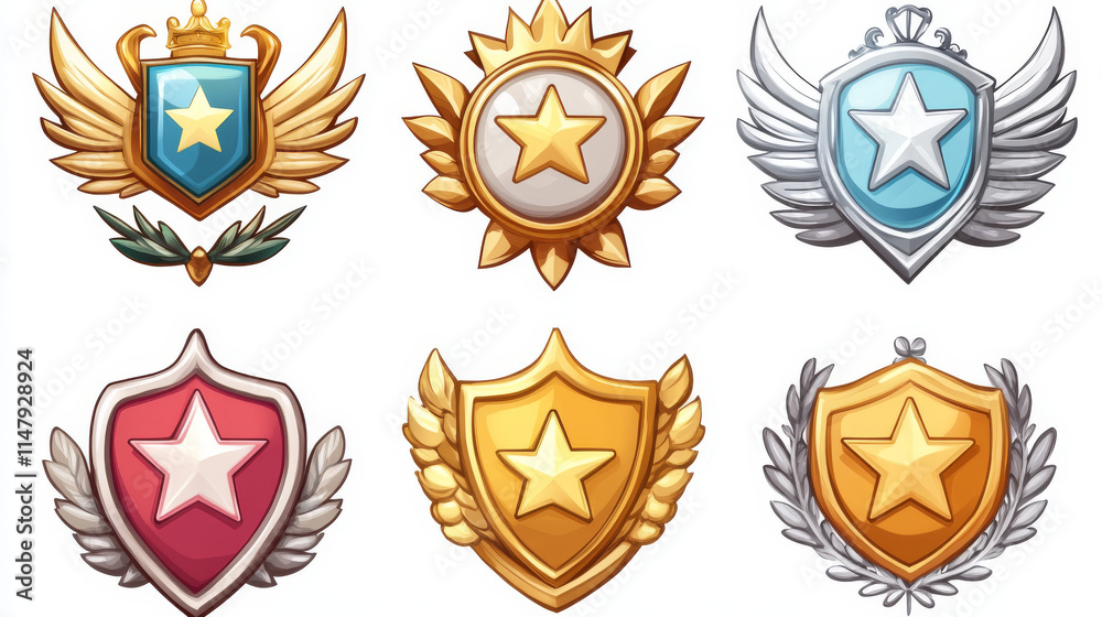 Ilustración de Stock Game level icons, silver medals, stars, ui badges ...