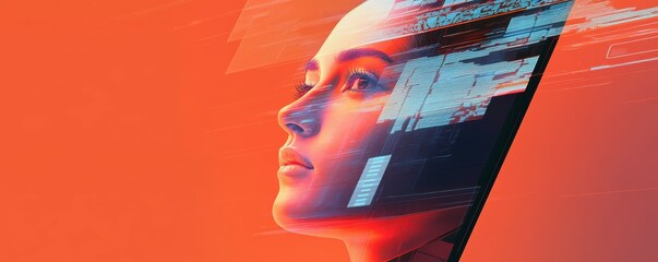 Aufkleber - A digital illustration of a face emerging from a laptop screen, showcasing modern technology, computer-human fusion, and the concept of stock.