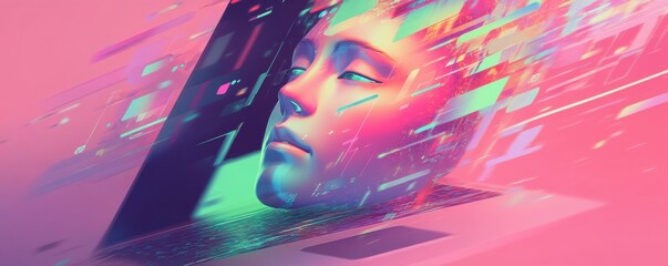 Aufkleber - A digital illustration of a face emerging from a laptop screen, showcasing modern technology, computer-human fusion, and the concept of stock.