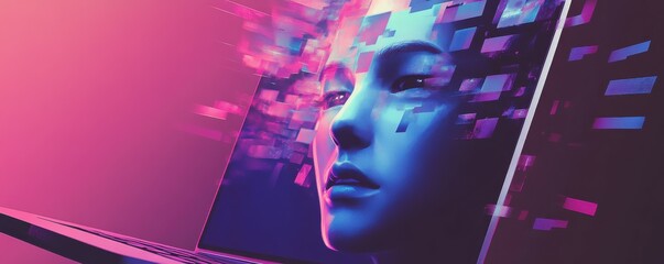 Aufkleber - A digital illustration of a face emerging from a laptop screen, showcasing modern technology, computer-human fusion, and the concept of stock.