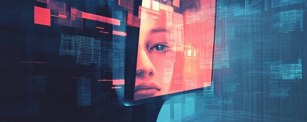 Aufkleber - A digital illustration of a face emerging from a laptop screen, showcasing modern technology, computer-human fusion, and the concept of stock.