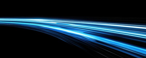 Poster - a digitally generated image of blue light and stripes moving quickly over a black background