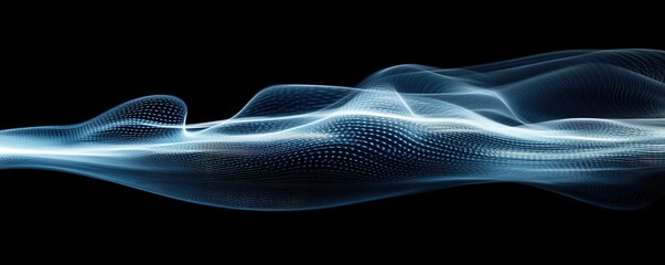 Poster - a digitally generated image of blue light and stripes moving quickly over a black background