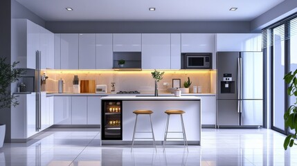 Aufkleber - Bright modern kitchen features stylish white cabinets, a central island with seating, and a convenient water filter for easy access to clean water