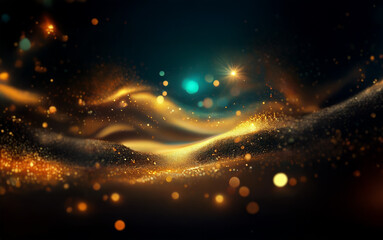 Poster - A dark background with a glowing, abstract wave of gold dust, glittering with light.