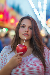 Wall Mural - plus-size girl holding a candy apple at a fair