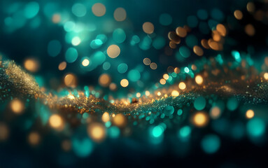 Aufkleber - A dark, abstract background with shimmering gold and teal bokeh.