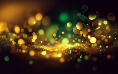 Poster - Abstract digital art with green and gold bokeh. The bokeh appears to be emanating from plants or trees.