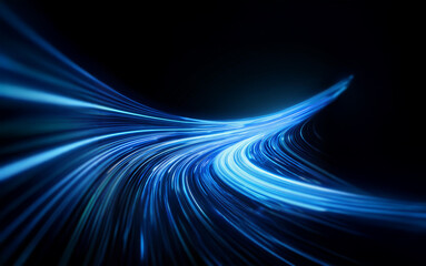 Poster - a curved path of blue light streaks across a black background.