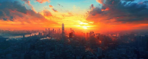 Poster - City Sunset: Beautiful sunset over a city skyline, orange and blue hues, tall buildings and cityscape, aerial view, urban charm