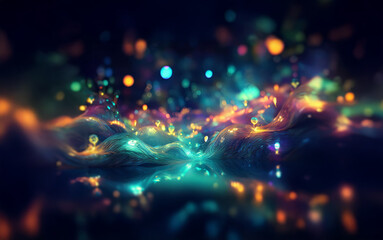 Aufkleber - Abstract digital art featuring glowing waves of liquid in vibrant colors with scattered, out-of-focus bokeh lights.