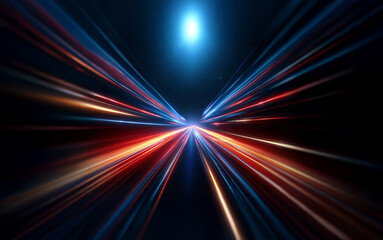 Fototapete - A long exposure photograph of a highway at night, showing bright streaks of light from cars traveling at high speeds. The image is centered on a single bright blue light, suggesting a distant destinat