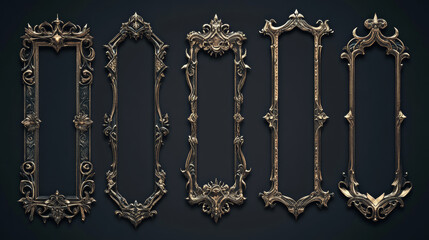 Poster - Medieval metal frames set on dark background. Cartoon vector illustration of bronze, silver, golden level evolution plaques with simple to sophisticated cast iron decorations. Game ui design elements
