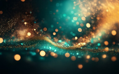 Poster - A dark blue background with gold and teal bokeh light and a swirling pattern of golden glitter.