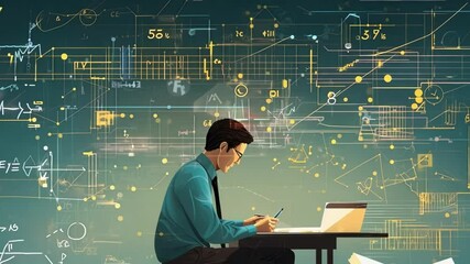 Poster - businessman is working at his desk with a laptop with a large data analysis visualization projected 