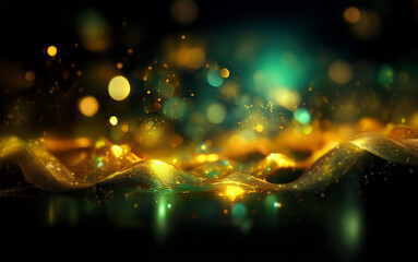 Aufkleber - Abstract digital artwork of a golden wavy line with a green and gold bokeh background.