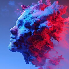 Poster - Digital Art Piece Depicting a Stylized Face Made of Colorful Pixels With a Cloudy Background Expressing Creativity and Innovation in Modern Technology