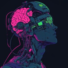 Poster - Cyborg Figure With Neon Highlights Showcasing an Intricate Design of a Human Brain and Technological Components in a Dark Background