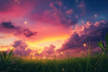 Canvas Print - Serene Sunset Over Grassy Field With Fireflies