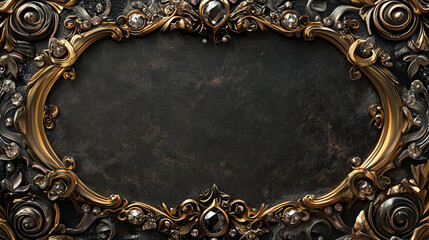 Poster - Golden and silver medieval game ui frame and button with design ornament and gem stones for menu title and rpg interface border. Fantasy vintage luxury metal gui banner with decoration and jewelry.