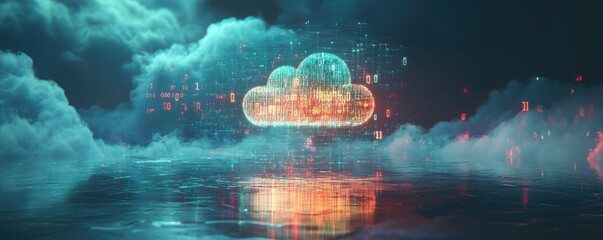 Poster - A futuristic web hologram depicting digits and codes with a cloud icon. Abstract motion of digital data flow. Stock photo.