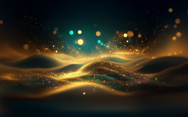 Poster - Abstract background with glowing golden particles and bokeh lights on a dark blue background.