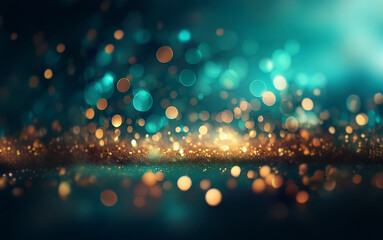 Poster - A dark blue and green background with a blurred  layer of golden glitter in the foreground.