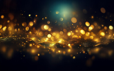 Poster - A dark background with an abstract, glowing, wave-like pattern of gold and yellow. The gold particles are scattered randomly across the image.