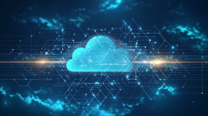 Aufkleber - Digital Blue Cloud Surrounded by Glowing Technology Nodes and Circuitry in a Vibrant Atmosphere Representing Data Storage and Connectivity