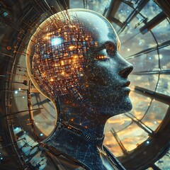 Poster - Sleek Humanoid Robot With Illuminated Circuitry Against a Futuristic Backdrop Showcasing Advanced Technology and Digital Patterns at Dusk