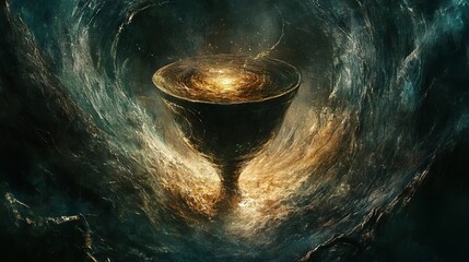 Wall Mural - A large, swirling vortex of water with a golden cup in the center