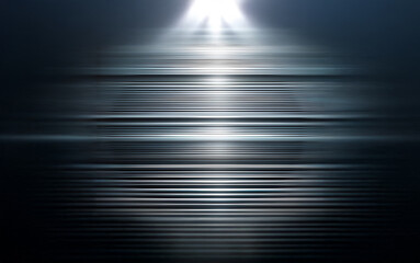 Fototapete - A dark background with a bright spotlight shining down. Horizontal lines of light and dark create a sense of depth.