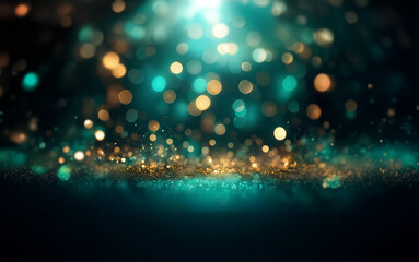 Aufkleber - A dark background with a scattering of  gold and turquoise bokeh, creating a sparkling, celebratory effect.