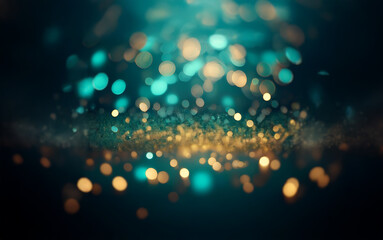 Poster - A dark background with a layer of sparkly gold dust illuminated by an out of focus light source creating teal and gold bokeh.