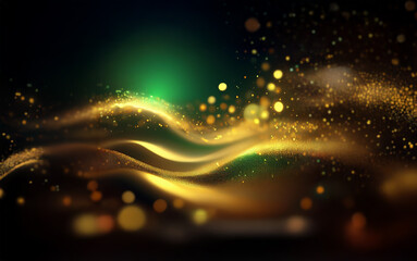 Poster - A shimmering wave of golden light dances across a dark background, with glowing green light and bokeh effects adding depth and brilliance.