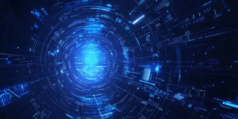 Poster - Bright Blue Vortex With Circuit Patterns Creates an Impression of Digital Depth and Technological Advancement in a Futuristic Setting